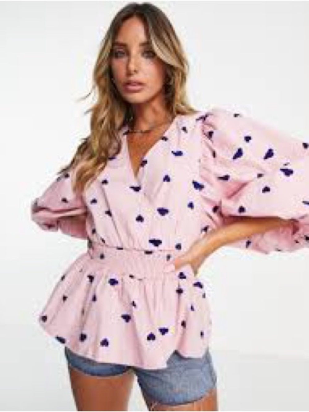 Pink Wrap Peplum Blouse velour Heart cloud print smocked waist balloon sleeve